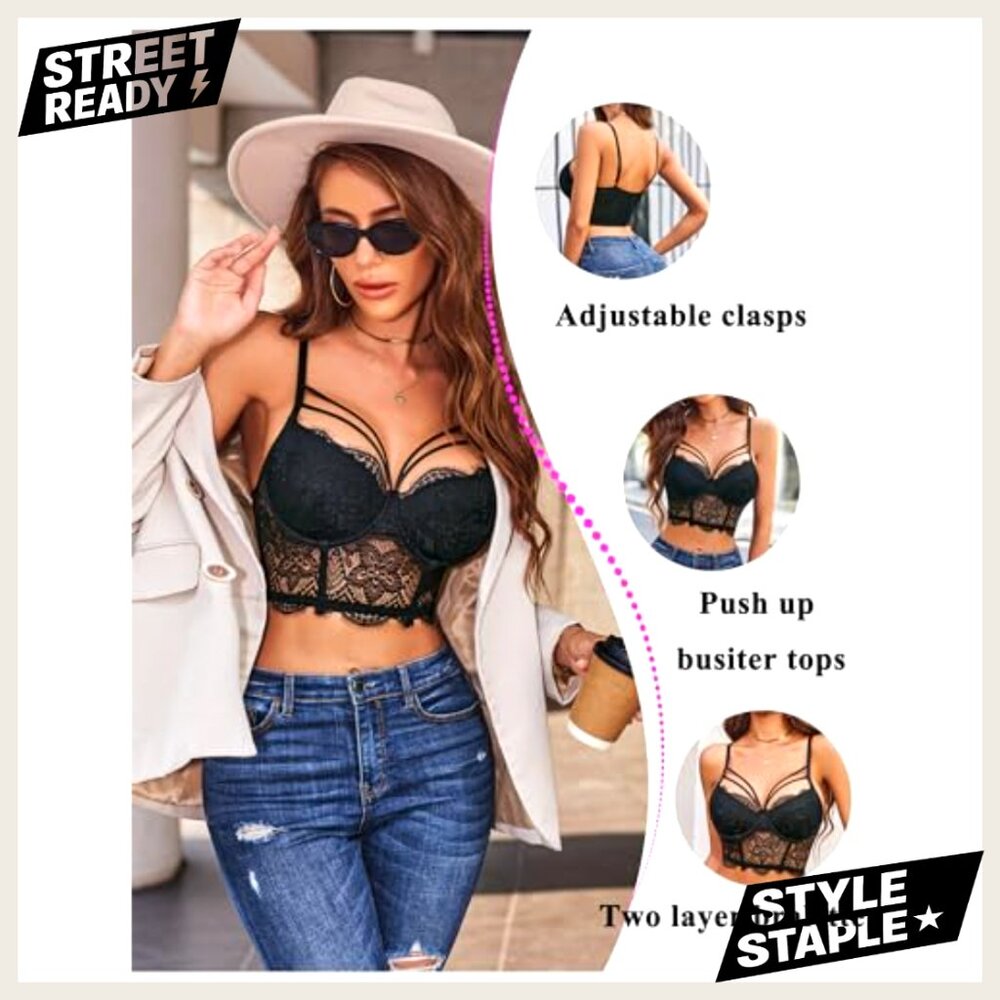 Lace Bralette Camisole V-Neck Adjustable Strap Two Layer Crop Top Bustier - Picture 4 of 7